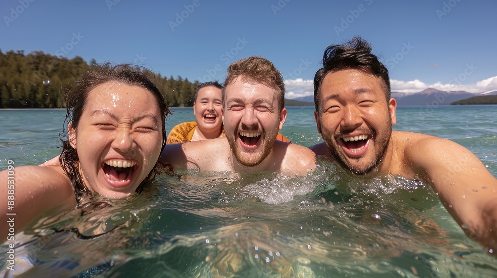 A group of friends joyfully swimming in a forest lake, their faces filled with laughter and enjoyment, with a mountain backdrop and clear blue water, highlighting the fun of outdoor activities. A group of friends joyfully swimming in a forest lake, their faces filled with laughter and enjoyment, with a mountain backdrop and clear blue water, highlighting the fun of outdoor activities.