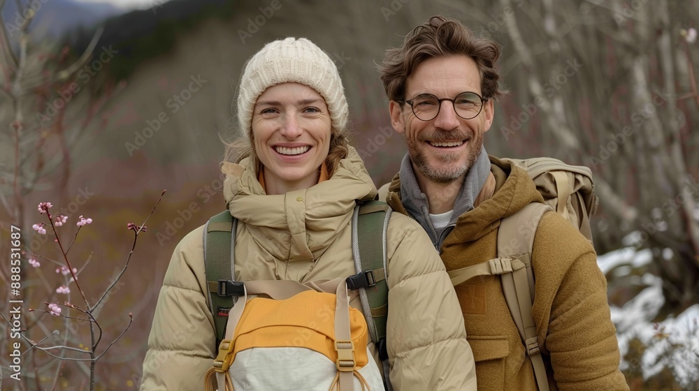 A couple joyfully hiking through a forested area in spring, with blooming flowers and fresh greenery, their faces filled with happiness and appreciation for the renewal of nature. Height Resolution A couple joyfully hiking through a forested area in spring, with blooming flowers and fresh greenery, their faces filled with happiness and appreciation for the renewal of nature. Height Resolution