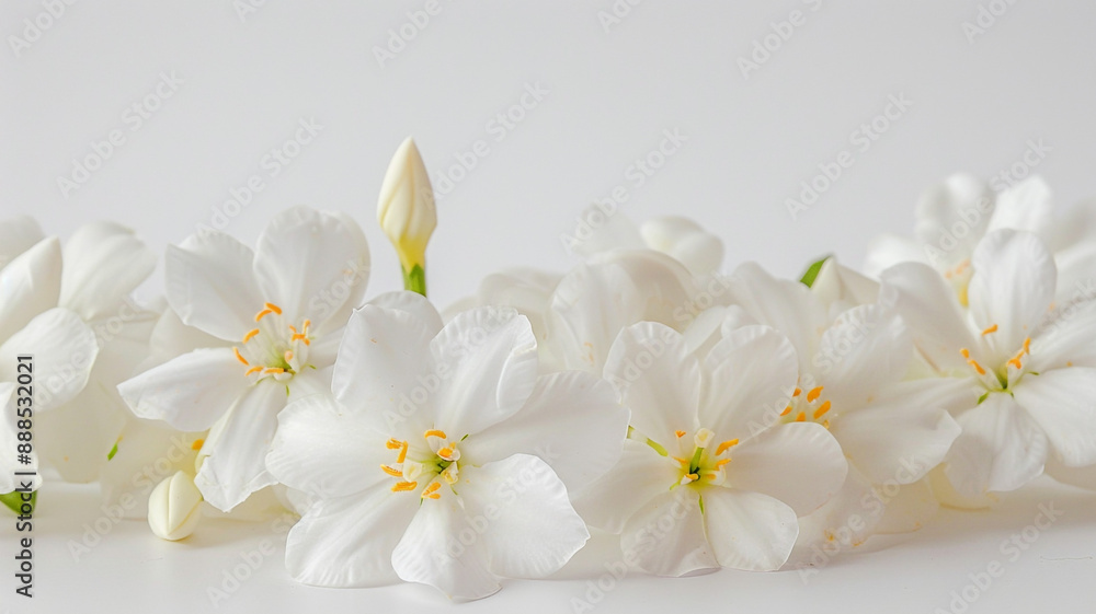 Jasmine Philadelphus flowers and leaves in a floral arrangement isolated on white background. Jasmine Philadelphus, floral arrangement, white background, flowers and leaves, isolated flowers, Jasmine Philadelphus flowers and leaves in a floral arrangement isolated on white background. Jasmine Philadelphus, floral arrangement, white background, flowers and leaves, isolated flowers,