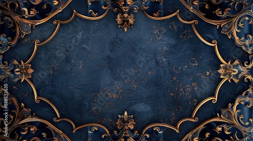 Timeless Regency Background with Rich Navy and Gold Patterns and a Gilded Frame with Scrollwork