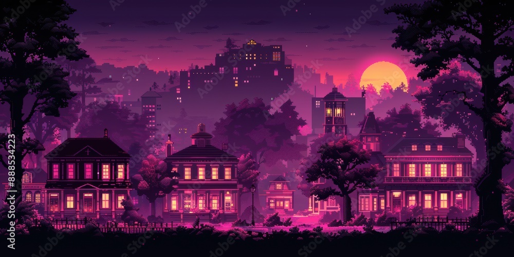 Obraz premium Dreamy Digital Art of a Magical Village at Sunset with Deep Purple and Pink Hues, Featuring Cute Houses and a Distant Castle