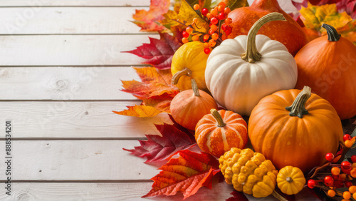 Wallpaper Mural Autumn Pumpkins and Leaves on White Wood with Copy-Space Torontodigital.ca