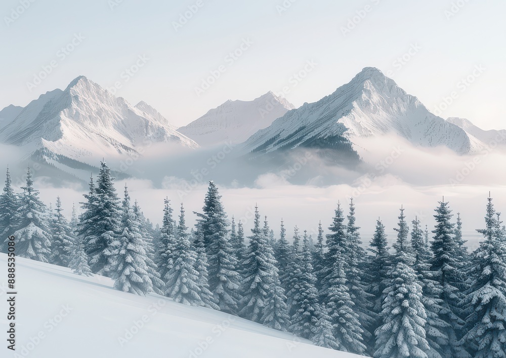 Serene Winter Landscape with Snow-Covered Evergreen Trees and Majestic Mountain Peaks Shrouded in Mist Serene Winter Landscape with Snow-Covered Evergreen Trees and Majestic Mountain Peaks Shrouded in Mist