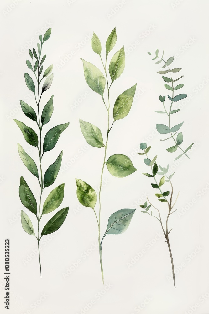 Fototapeta premium Watercolor botanical illustration of green leaves and eucalyptus branches nature art concept