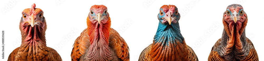Obraz premium Set of wild Turkeys close up face, isolated on transparent background