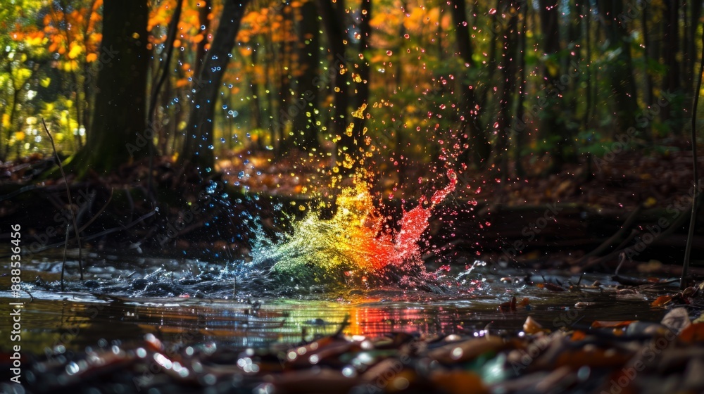 Naklejka premium colorful water splash in a forest environment, with trees and leaves in the background generative ai