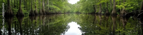 Tranquil Forest River Surrounded by Lush Greenery With Calm Reflective Water Creating a Serene Natural Landscape