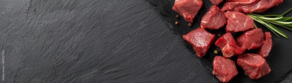 Raw beef cubes on a black slate background with rosemary. High-quality fresh meat for cooking. Space for text or menu design. Raw beef cubes on a black slate background with rosemary. High-quality fresh meat for cooking. Space for text or menu design.