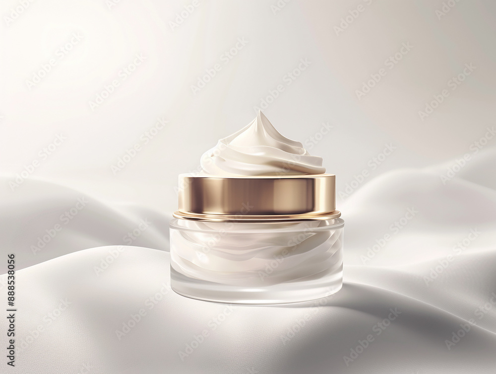 glass jar of beauty cream with gold lid resting on the side and reflected in the white plane glass jar of beauty cream with gold lid resting on the side and reflected in the white plane