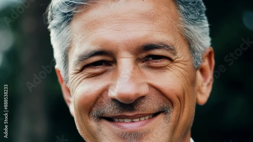 The charisma and charm of a man with saltandpepper hair is captured in this striking closeup portrait. photo