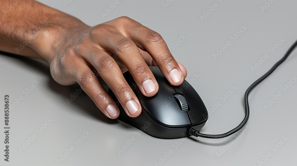 Hands using a computer mouse and keyboard, showcasing digital productivity and efficiency in a modern workspace. Height Resolution Photo, , Minimalism,