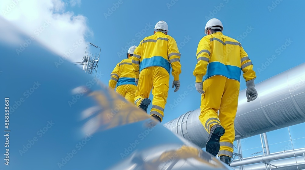 Fototapeta premium Illustration of engineers in a modern petrochemical or oil refinery setting, collaborating joyfully, showcasing teamwork and industrial expertise. Height Resolution Photo, , Minimalism,