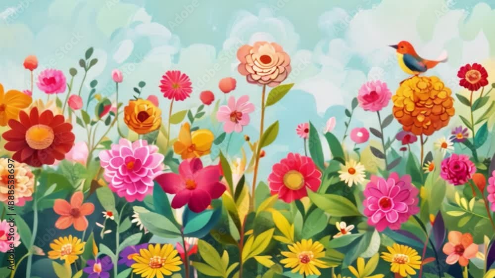A vibrant illustration of a summer garden filled with colorful flowers and a small bird perched on the top of a bright orange bloom. A vibrant illustration of a summer garden filled with colorful flowers and a small bird perched on the top of a bright orange bloom.