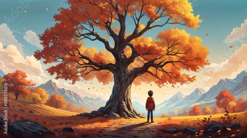  digital illustration painting of a young boy standing in awe, gazing at a giant autumn tree on the horizon.