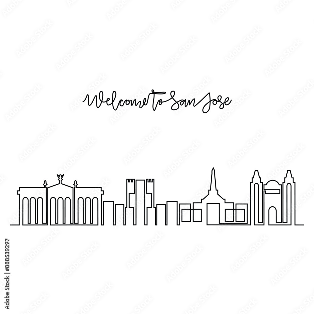 One continuous line drawing of San Jose skyline vector illustration. Modern city in Central America in simple linear style vector design concept. Big city in Costa Rica. Iconic architectural building One continuous line drawing of San Jose skyline vector illustration. Modern city in Central America in simple linear style vector design concept. Big city in Costa Rica. Iconic architectural building