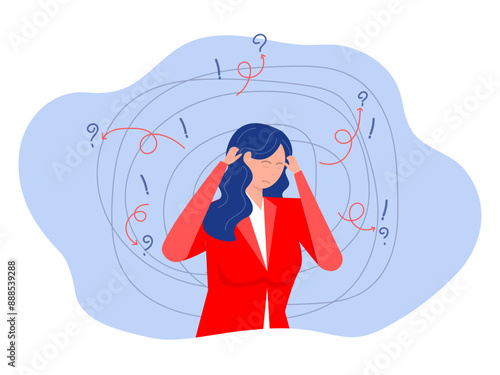 woman suffers from obsessive thoughts,headache,uressolved issues ,psychological trauma,depression.mental stress panic mind disorder illustration flat vector