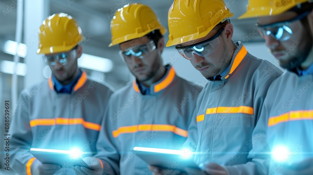 Fototapeta premium Engaging illustration capturing engineers working together in a modern manufacturing environment, showcasing their expertise and teamwork. Height Resolution Photo, , Minimalism,