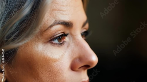 A woman with greystreaked hair pauses midsentence deep in thought as she composes her latest poem. photo