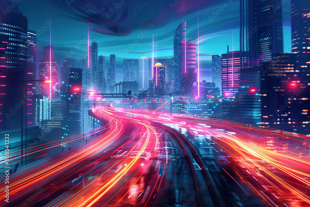 A city at night with a highway in the middle, generative ai image. A city at night with a highway in the middle, generative ai image.