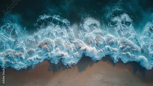 Aerial drone view or top view perspective photography of a beautiful transparent clear sea or ocean waves and foam splashing on the dark navvy blue or gray sand beach