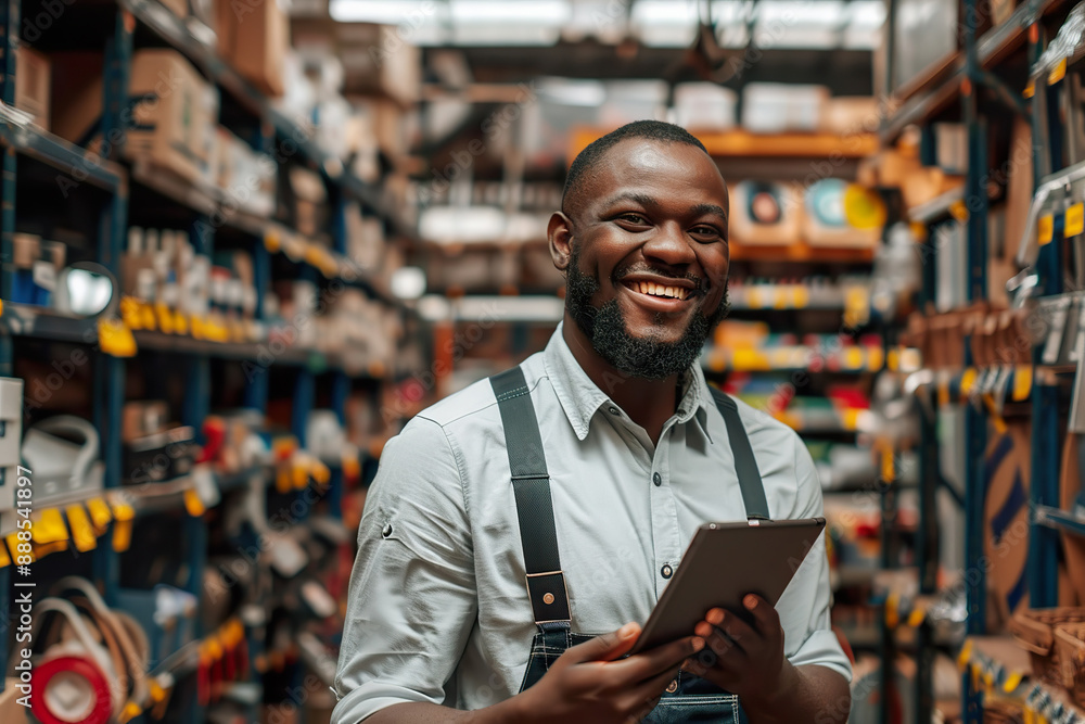 A man is smiling and holding a tablet in a warehouse, generative ai image.
