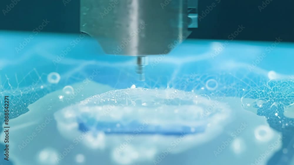 Closeup of a bioprinter in action depositing layers of living cells to create bioengineered tissue and . Closeup of a bioprinter in action depositing layers of living cells to create bioengineered tissue and .