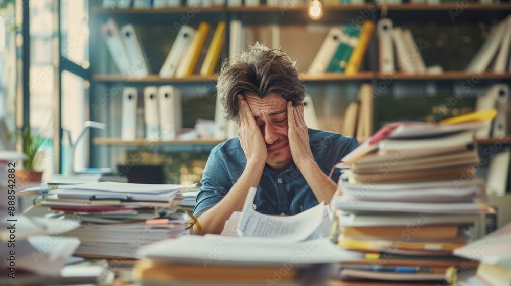 person looking with frustration at a stack of documents in a modern office generative ai person looking with frustration at a stack of documents in a modern office generative ai