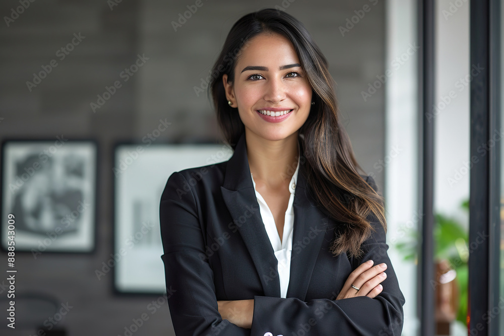 Fototapeta premium A woman in a black suit is smiling and posing for a photo, generative ai image.