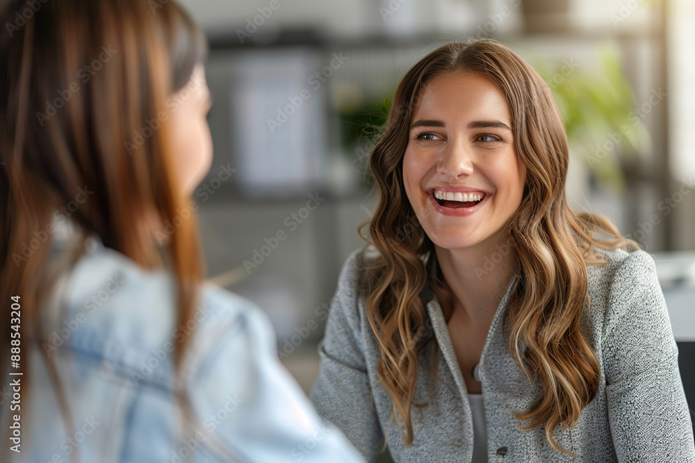 Fototapeta premium A woman with curly hair is smiling at the camera, generative ai image.