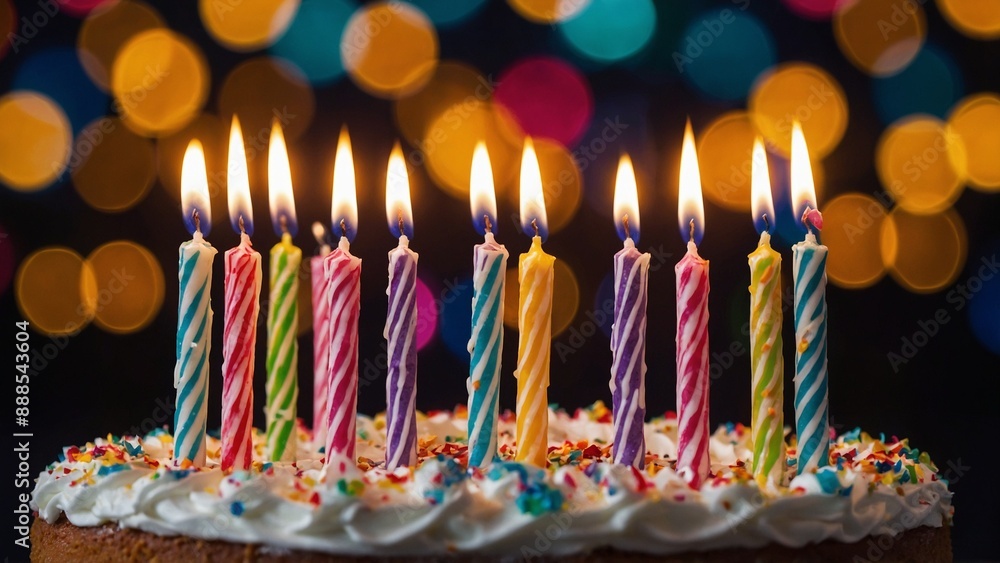 Birthday candles on a cake closeup with colorful bokeh lights background Birthday candles on a cake closeup with colorful bokeh lights background