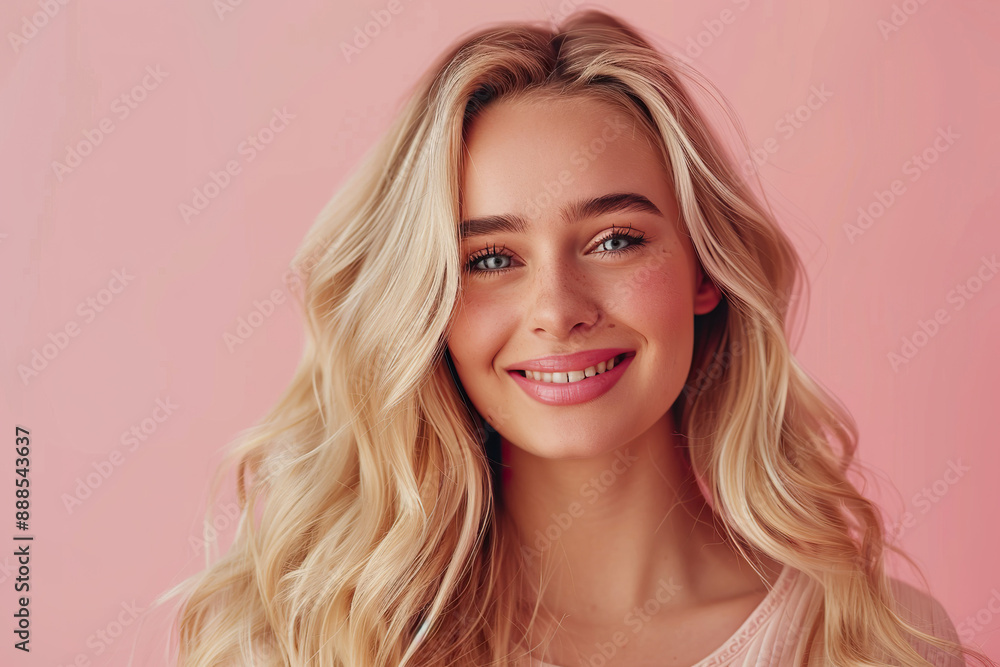 Naklejka premium A woman with blonde hair is smiling and looking at the camera, generative ai image.