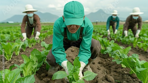 Vibrant scene of farmers adopting biodynamic farming practices, nurturing soil health and biodiversity in their natural farming environments. Height Resolution Photo, , Minimalism, photo