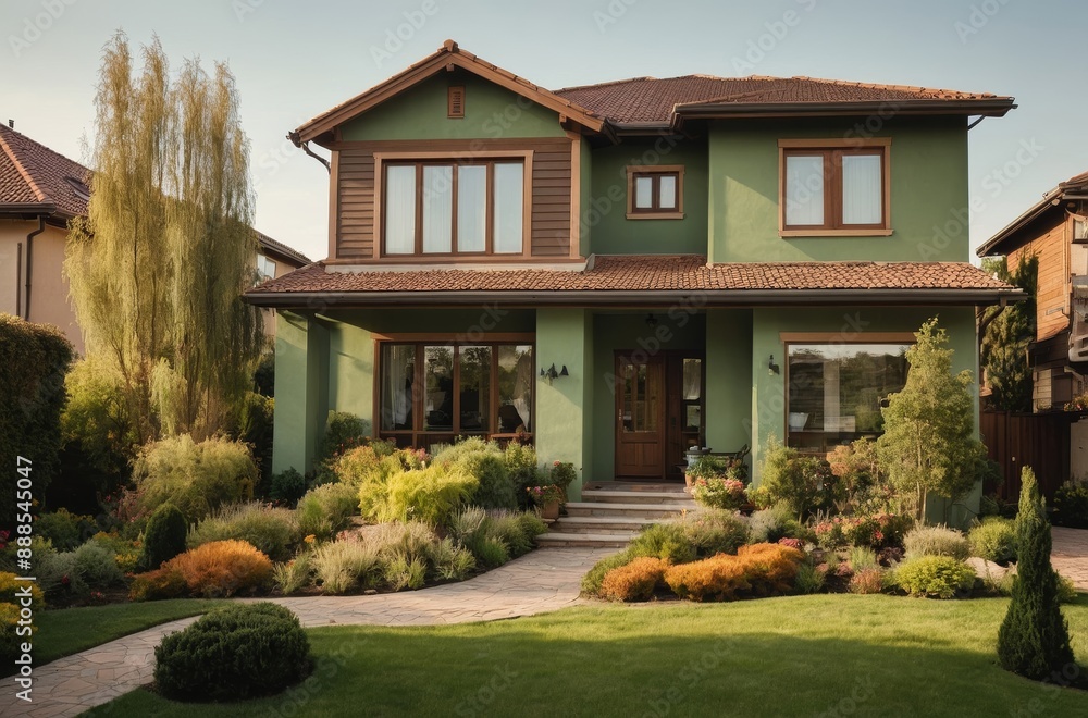 Two-story green house with brown accents on large lawn and landscaped yard Two-story green house with brown accents on large lawn and landscaped yard
