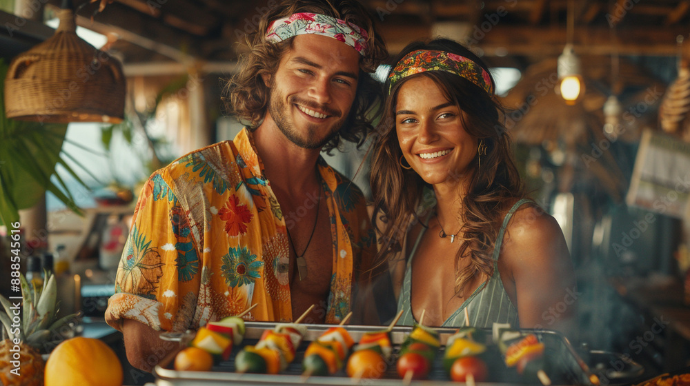 Young couple wearing matching bandanas cooking veggie skewers on a portable grill Young couple wearing matching bandanas cooking veggie skewers on a portable grill