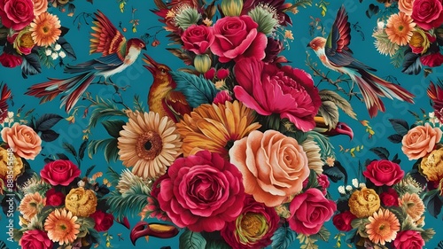 A vibrant tapestry of roses, daisies, and birds in a captivating seamless pattern, capturing the essence of nature's beauty and color.  