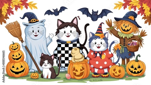 Wallpaper Mural Feline Fun on Halloween: A whimsical illustration of adorable cats in adorable Halloween costumes, surrounded by pumpkins, bats, and autumn leaves, perfect for a festive and playful mood. Torontodigital.ca