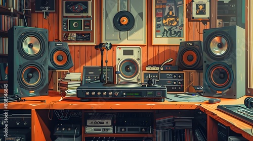 Illustration of a podcast room with vintage furniture and vivid, psychedelic color scheme.
