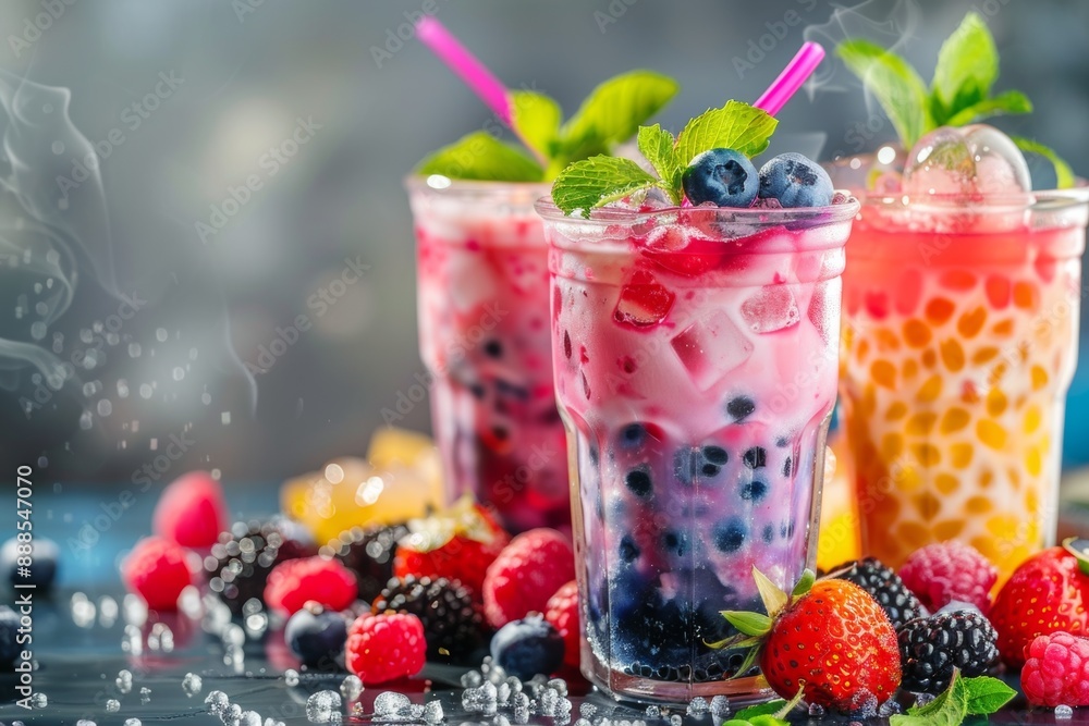 Colorful bubble tea with berries and straws refreshing drink concept Colorful bubble tea with berries and straws refreshing drink concept