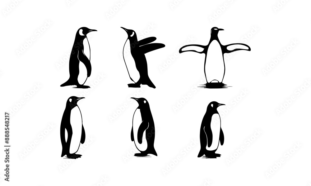 Obraz premium Penguin different poses silhouettes set isolated on white background, Penguin vectors set in black and white.
