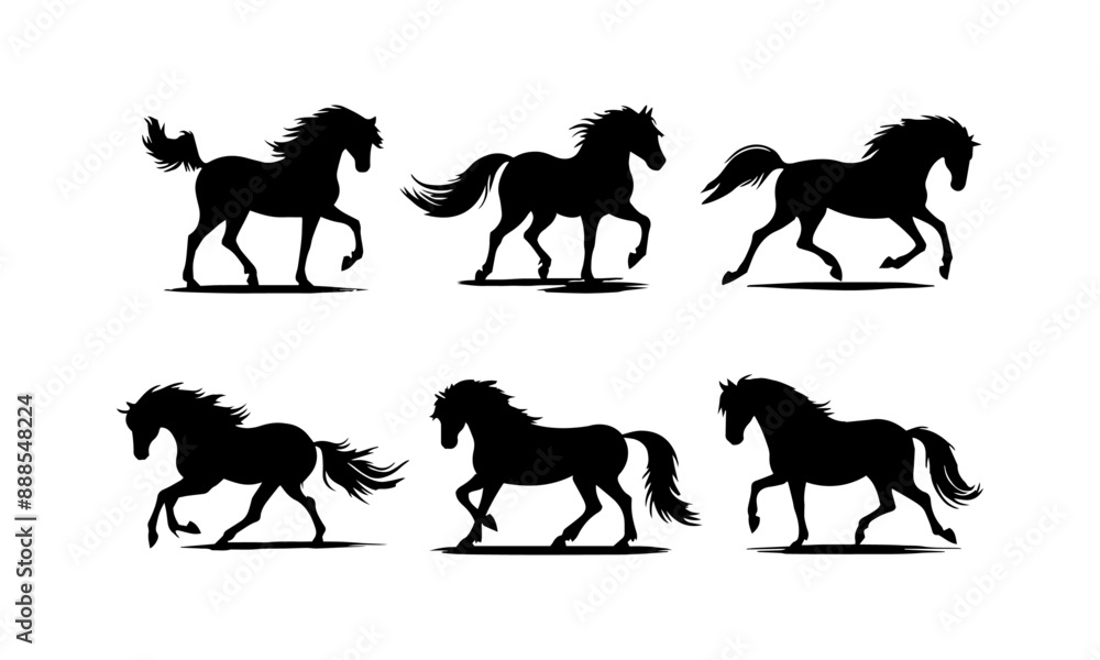Fototapeta premium Horse different poses silhouettes set isolated on white background, Horses vectors set in black and white.