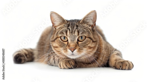 Close-up of a beautiful tabby cat lying down, staring forward with a calm and content expression, against a white background.