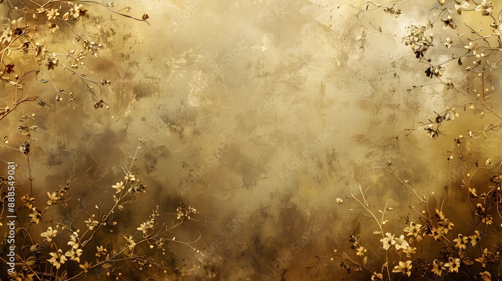 Antique-style gold background featuring distressed texture and delicate floral motifs. Antique-style gold background featuring distressed texture and delicate floral motifs.