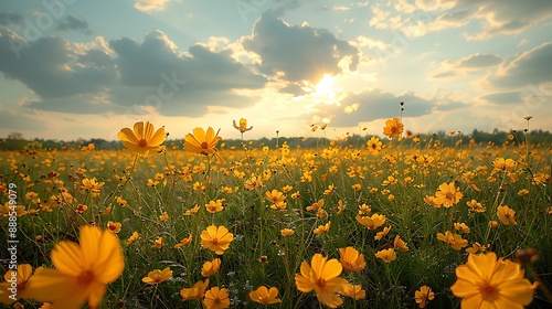 Spring fields ablaze the golden hues of sunkissed wildflowers photo