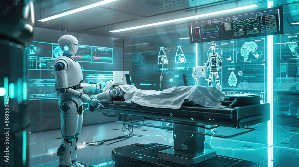 A futuristic healthcare facility with robotic surgeons performing complex procedures and AI-driven diagnostics AI generated A futuristic healthcare facility with robotic surgeons performing complex procedures and AI-driven diagnostics AI generated
