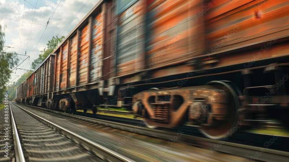 Obraz premium closeup side view photo of a cargo train driving on railroad in motion. wallpaper background for ads, web design, sites