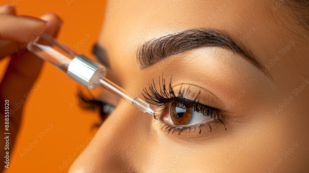 Naklejka premium Close Up, Young Woman Using Eyebrow Growth Serum, Moisturizing Eyebrows. Eyelash and Eyebrow Care.