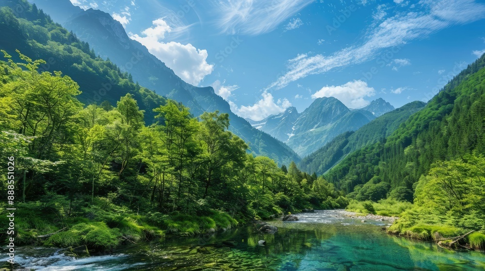 A serene mountain landscape with lush greenery, clear blue skies, and a pristine river flowing through AI generated A serene mountain landscape with lush greenery, clear blue skies, and a pristine river flowing through AI generated