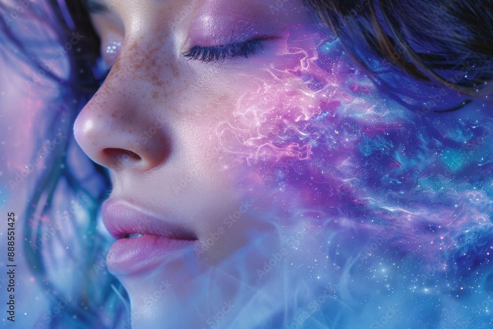 Fototapeta premium Woman with cosmic face paint creating a dreamy and ethereal visual