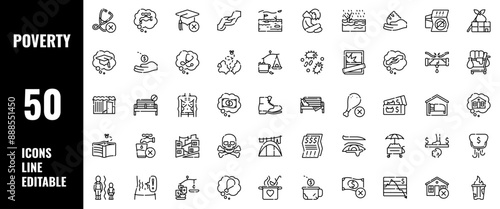 50 Poverty Icons Set Line Editable Vector Illustration
