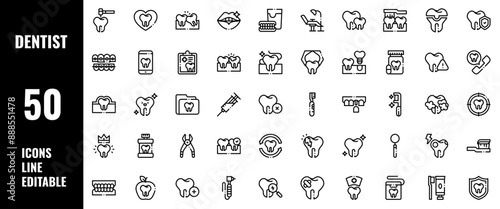 50 Dentist Icons Set Line Editable Vector Illustration